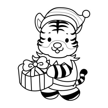 Çocuklar için şirin kaplan karakter klipsi sanatı boyama kitabı. Cüce kaplan çizgisi. Hediye kutusu getir.