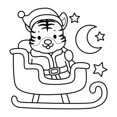Çocuklar için şirin kaplan karakter klipsi sanatı boyama kitabı. Trene binen Noel Baba kaplanının taslağı.