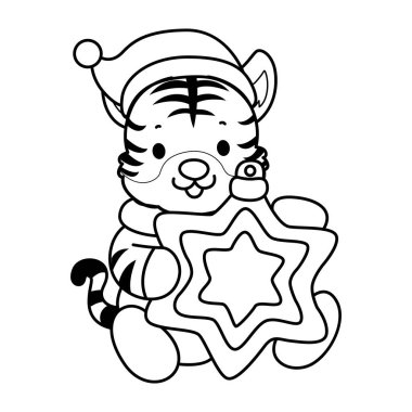 Çocuklar için şirin kaplan karakter klipsi sanatı boyama kitabı. Sarı yıldızlı Santa Tiger 'ın ana hatları.