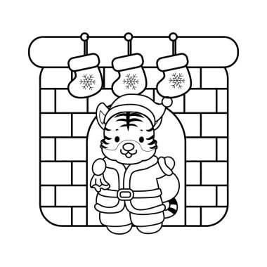 Çocuklar için şirin kaplan karakter klipsi sanatı boyama kitabı. Noel Baba kaplanının ana hatları şömineye ulaşır.