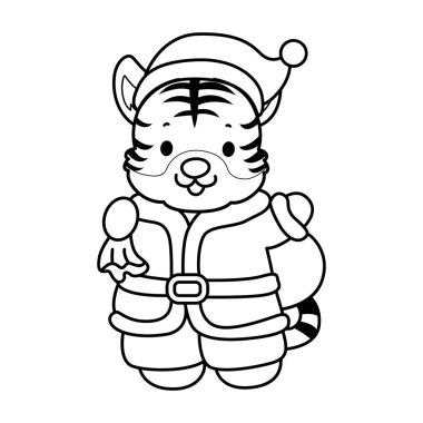 Çocuklar için şirin kaplan karakter klipsi sanatı boyama kitabı. Bir kova hediyeyle Noel Baba Kaplanı 'nın taslağı