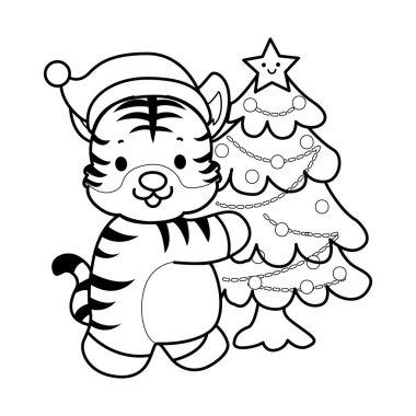 Çocuklar için şirin kaplan karakter klipsi sanatı boyama kitabı. Noel Baba Kaplanı 'nın ana hatları Noel ağacı getirir.