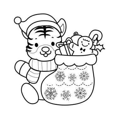 Çocuklar için şirin kaplan karakter klipsi sanatı boyama kitabı. Noel Baba kaplanı çizgisi Kırmızı çorap getir