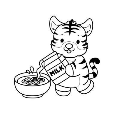 Çocuklar için şirin kaplan karakter klipsi sanatı boyama kitabı. Kaplanın mısır gevreği kasesine süt dökmesi.