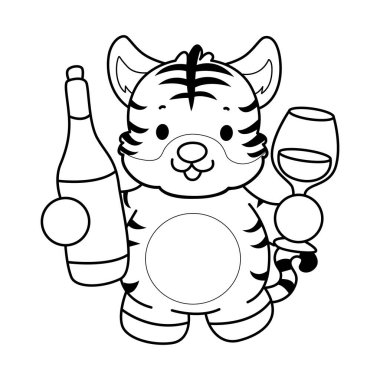 Çocuklar için şirin kaplan karakter klipsi sanatı boyama kitabı. Kaplan çizgisi, şarap getir.