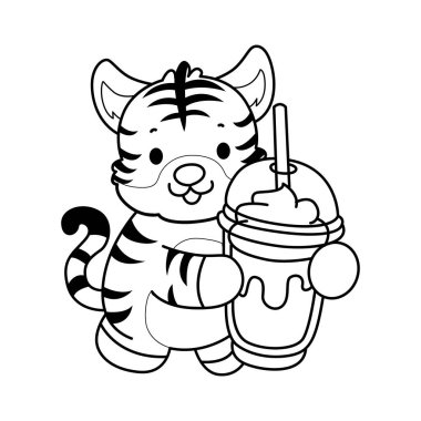 Çocuklar için şirin kaplan karakter klipsi sanatı boyama kitabı. Kaplan çizgisi Milkshake getir