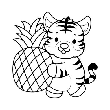 Çocuklar için şirin kaplan karakter klipsi sanatı boyama kitabı. Ananas getiren kaplanın ana hatları.