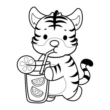 Çocuklar için şirin kaplan karakter klipsi sanatı boyama kitabı. Kaplanın portakal suyu içişi.