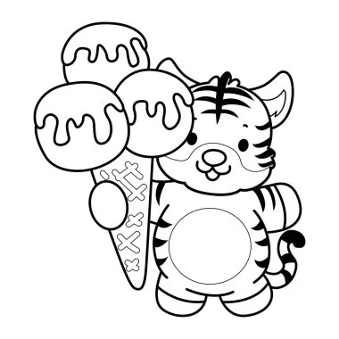 Çocuklar için şirin kaplan karakter klipsi sanatı boyama kitabı. Kaplanın dış hatları üç top dondurma getiriyor.