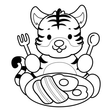 Çocuklar için şirin kaplan karakter klipsi sanatı boyama kitabı. Kaplanın dış hatları domuz pastırması ve yumurta yemek istiyor.