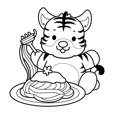 Çocuklar için şirin kaplan karakter klipsi sanatı boyama kitabı. Kaplanın ana hatları spagettiyle iyi eğlenceler.