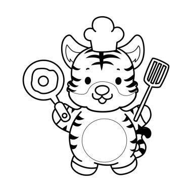 Çocuklar için şirin kaplan karakter klipsi sanatı boyama kitabı. Kaplanın dış hatları yumurta pişirmek istiyor.