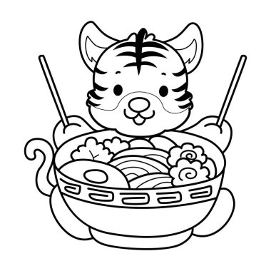 Çocuklar için şirin kaplan karakter klipsi sanatı boyama kitabı. Kaplanın dış hatları ramen yemek istiyor.