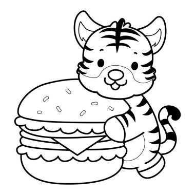 Çocuklar için şirin kaplan karakter klipsi sanatı boyama kitabı. Kaplan çizgisi. Hamburger getir.