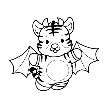 Çocuklar için şirin kaplan karakter klipsi sanatı boyama kitabı. Yarasa kostümü giyen kaplan çizgisi.