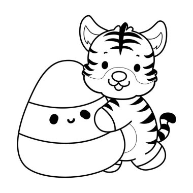 Çocuklar için şirin kaplan karakter klipsi sanatı boyama kitabı. Kaplan çizgisi Sarı şeker getir