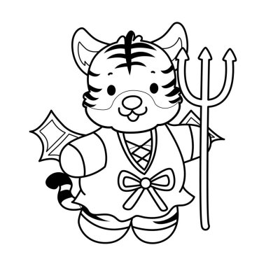 Çocuklar için şirin kaplan karakter klipsi sanatı boyama kitabı. Kırmızı şeytan kostümü giyen kaplan çizgisi.