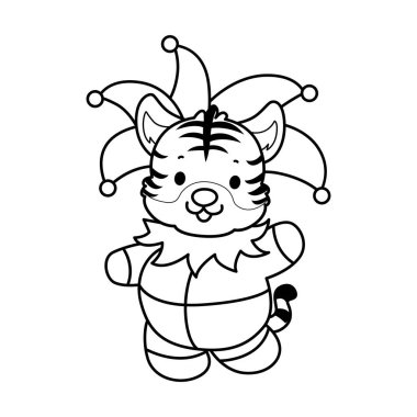 Çocuklar için şirin kaplan karakter klipsi sanatı boyama kitabı. Palyaço kostümü giyen kaplan çizgisi.