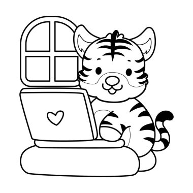 Çocuklar için şirin kaplan karakter klipsi sanatı boyama kitabı. Not defterine kaplan yazma taslağı