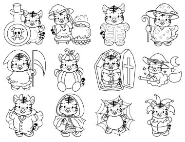 Çocuklar için şirin kaplan karakter klipsi sanatı boyama kitabı. Cadılar bayramı partisinin varyasyonunda kaplanın ana hatları