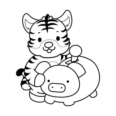 Çocuklar için şirin kaplan karakter klipsi sanatı boyama kitabı. Domuz kumbarasındaki kaplan tasarruf parasının taslağı.
