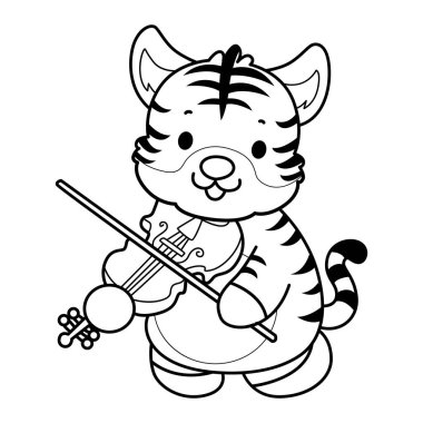 Çocuklar için şirin kaplan karakter klipsi sanatı boyama kitabı. Keman çalan kaplan taslağı