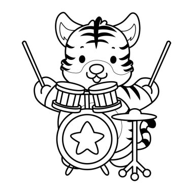 Çocuklar için şirin kaplan karakter klipsi sanatı boyama kitabı. Davul çalan kaplan taslağı