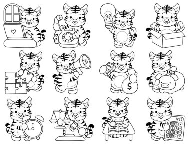 Çocuklar için şirin kaplan karakter klipsi sanatı boyama kitabı. Para ve finans çeşitliliğinde kaplan taslağı