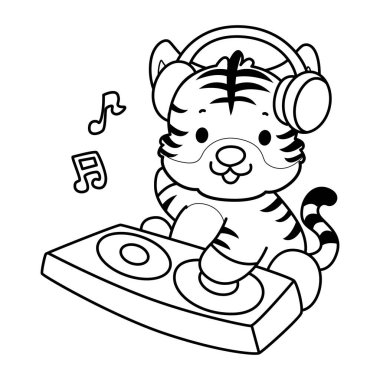Çocuklar için şirin kaplan karakter klipsi sanatı boyama kitabı. Kulüpte disk çalan kaplan taslağı.