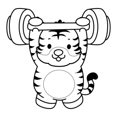 Çocuklar için şirin kaplan karakter klipsi sanatı boyama kitabı. Bir dambılı kaldıran kaplanın ana hatları