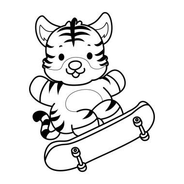 Çocuklar için şirin kaplan karakter klipsi sanatı boyama kitabı. Kaykay oynayan kaplanın ana hatları