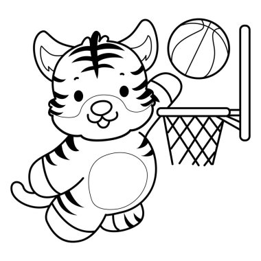 Çocuklar için şirin kaplan karakter klipsi sanatı boyama kitabı. Basketbol oynayan kaplan taslağı.