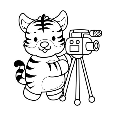 Çocuklar için şirin kaplan karakter klipsi sanatı boyama kitabı. Kamerayla video çeken kaplanın ana hatları