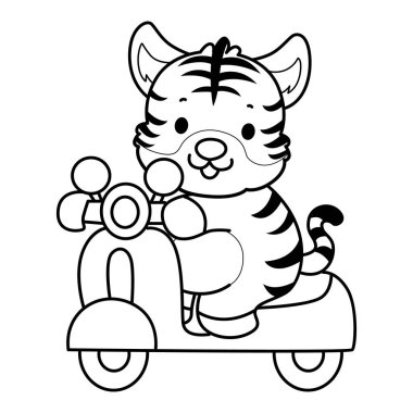 Çocuklar için şirin kaplan karakter klipsi sanatı boyama kitabı. Mobilete binen kaplan çizgisi.