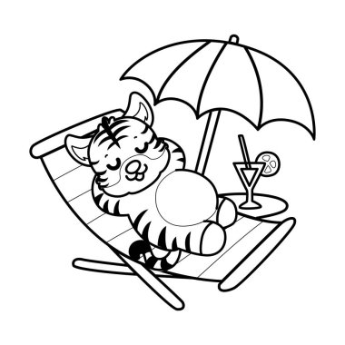 Çocuklar için şirin kaplan karakter klipsi sanatı boyama kitabı. Kaplanın ana hatları plajda rahatlar.