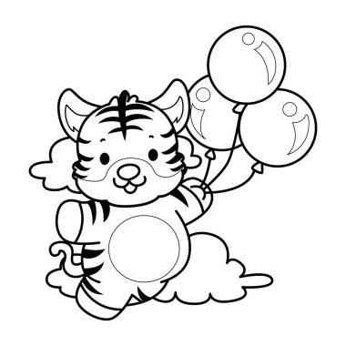 Çocuklar için şirin kaplan karakter klipsi sanatı boyama kitabı. Kaplan çizgisi üç balon getir.