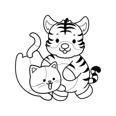 Çocuklar için şirin kaplan karakter klipsi sanatı boyama kitabı. Kedi yavrusuyla oynayan kaplanın ana hatları