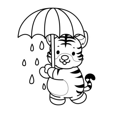 Çocuklar için şirin kaplan karakter klipsi sanatı boyama kitabı. Kaplan çizgisi Şemsiye getir