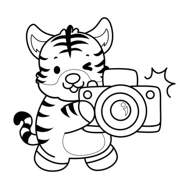 Çocuklar için şirin kaplan karakter klipsi sanatı boyama kitabı. Kaplanın ana hatları kameraya tıkla