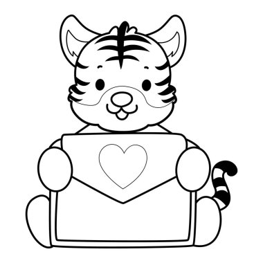 Çocuklar için şirin kaplan karakter klipsi sanatı boyama kitabı. Kaplan taslağı bir aşk mektubu getir.