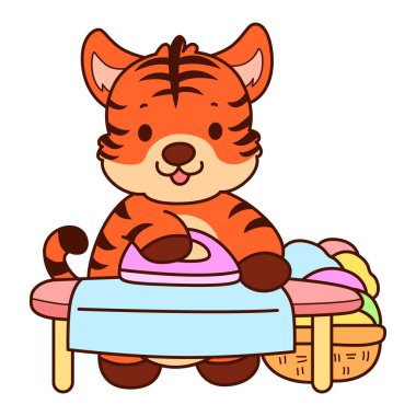 Çocuklar için kaplan karakteri klip sanatı resimleri. Kaplan elbiseleri ütülüyor.