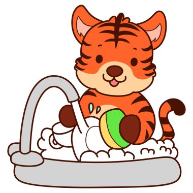 Çocuklar için kaplan karakteri klip sanatı resimleri. Kaplan lavaboda süngerle tabağı temizliyor.