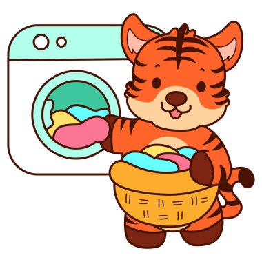 Çocuklar için kaplan karakteri klip sanatı resimleri. Kaplan çamaşır makinesinde çamaşır yıkıyor.