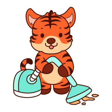 Çocuklar için kaplan karakteri klip sanatı resimleri. Kaplan yerleri elektrikli süpürgeyle temizliyor.