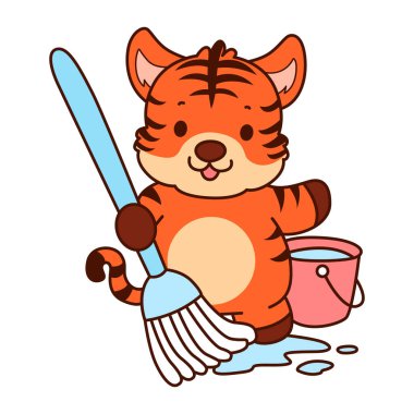 Çocuklar için kaplan karakteri klip sanatı resimleri. Kaplan süpürge ve kovayla yeri temizliyor.