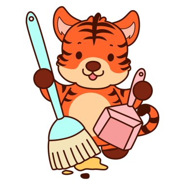 Çocuklar için kaplan karakteri klip sanatı resimleri. Kaplan süpürge ve toz beziyle yeri temizliyor.