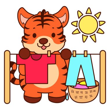 Çocuklar için kaplan karakteri klip sanatı resimleri. Kaplan güneşin altındaki elbiseleri kurut ve temizle.