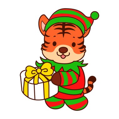 Çocuklar için kaplan karakteri klipsleme sanatının Noel teması. Cüce kostümlü Noel Baba kaplanı 