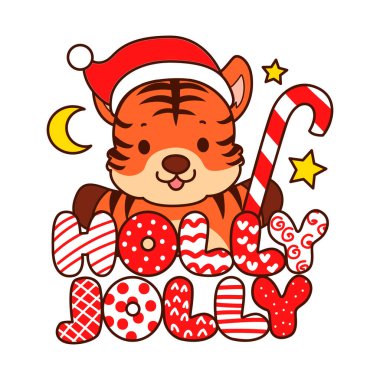 Çocuklar için kaplan karakteri klipsleme sanatının Noel teması. Noel Baba kaplanı ve kutsal metin