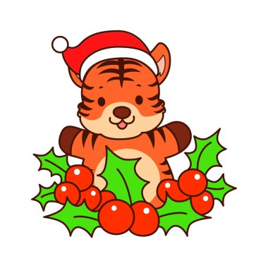 Çocuklar için kaplan karakteri klipsleme sanatının Noel teması. Kiraz bahçesindeki Noel Baba kaplanı